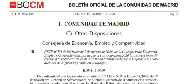 La Comunidad de Madrid lanza una convocatoria de subvenciones destinada a la reducción de la siniestralidad laboral